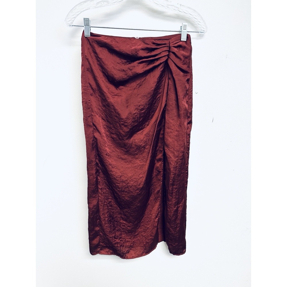 Zara Skirt Womens XS Garnet Red Midi Length Silky Satin Cinched High Slit Luxury